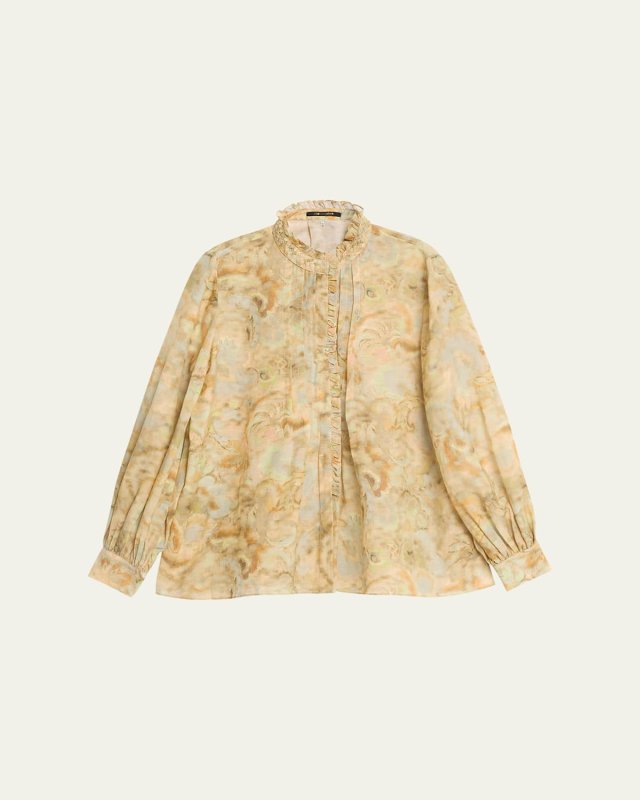 Lenorie Watercolor-Print Pintuck Blous